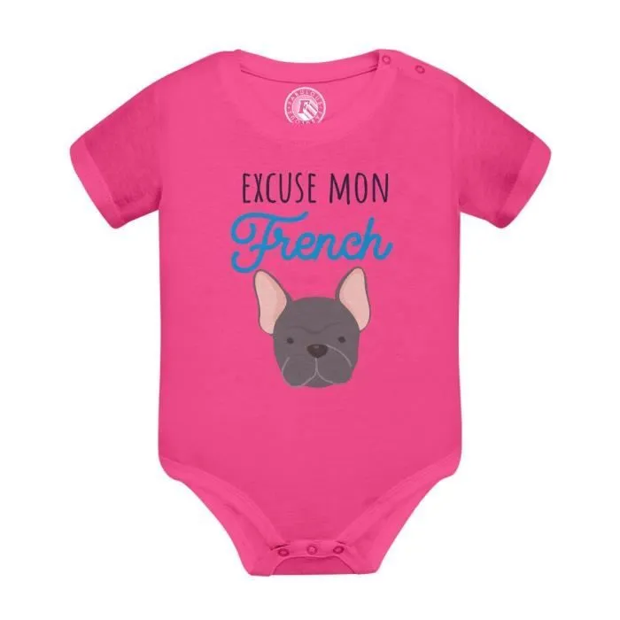 Body Bébé Manche Courte Rose Excuse mon french Chien Bulldog Français-0