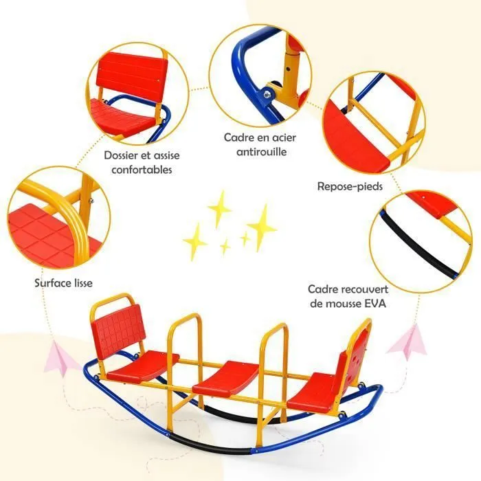 COSTWAY Balançoire à Bascule 2-3 Enfants Trébuchet en Métal Tape-Cul pour Jardin avec Poignées 3 - 8 Ans Station de Jeu Extérieure-3