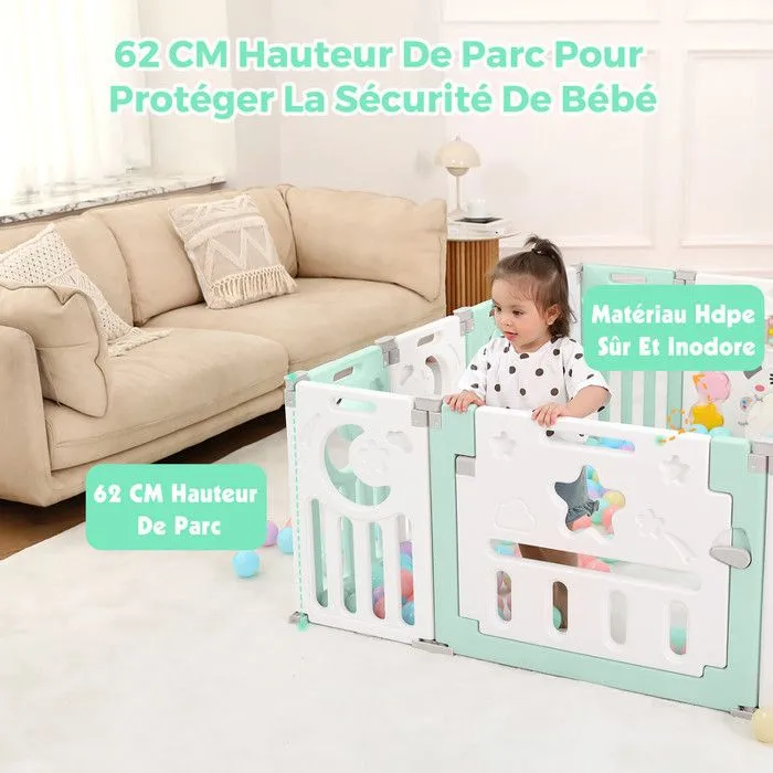 Parc Bébé 12+2 Panneaux, Parc Bebe Modulable Plastique, Parc Bebe 150×150CM avec Porte,Parcs Enfant XL avec Panneau d'activité, Vert-1