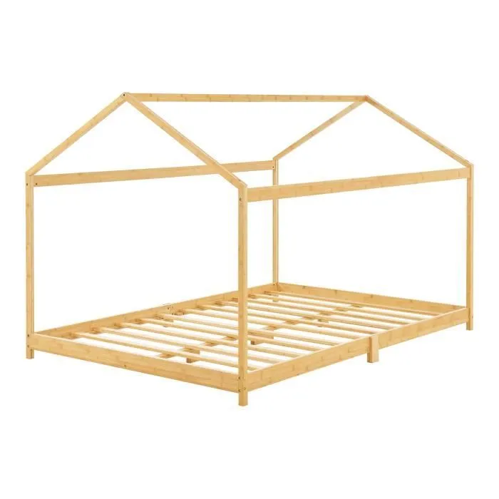 Lit cabane Vindafjord pour enfant 180 x 200 cm forme maison bambou naturel [en.casa]-3