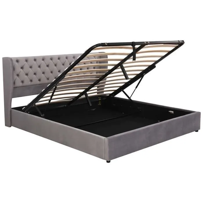 Lit coffre 160x200cm, avec sommier à lattes et espace de rangement, en velours, gris (sans matelas)-2