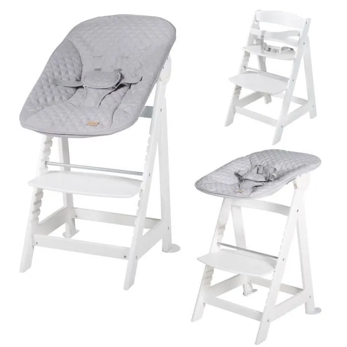 ROBA Chaise Haute Évolutive Born Up 2 en 1 + Transat Inclinable Gris - roba Style - Dès la Naissance - Bois Blanc-0