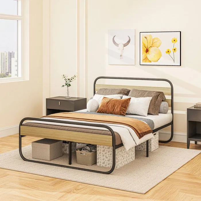 Lit double 140 x 190 cm - HOMCOM - cadre de lit en acier - style industriel - tête de lit et sommier inclus - aspect bois-2