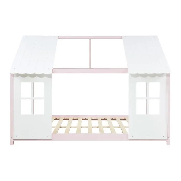 Lit cabane Tostedt pour enfant forme maison bois de pin 140 x 200 cm rose blanc [en.casa]-4