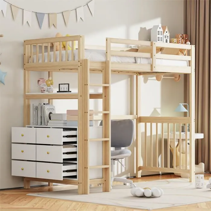 Lit mezzanine - Enfant - 90x200cm - Bois de pin - Échelle de sécurité - Tiroirs de rangement-0
