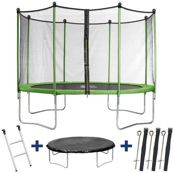 Trampoline " Yoopi " - Ø 3.65 m - avec filet + échelle + couverture + kit d'ancrage-0