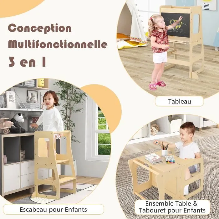COSTWAY Tour d'Apprentissage Montessori en Bois Evolutive 3 en 1-Tableau à Craie-Tabouret Bureau-Marches Antidérapantes-12 Mois-60KG-1