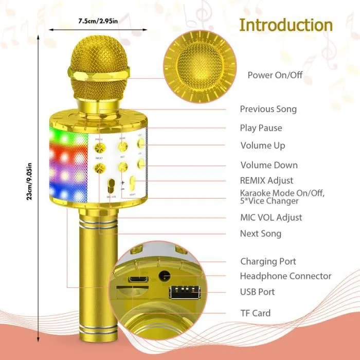 Karaoké Microphone Sans Fil, Microphone USB Enregistreur, Microphone Bluetooth Multifonctionnel-Gold-1