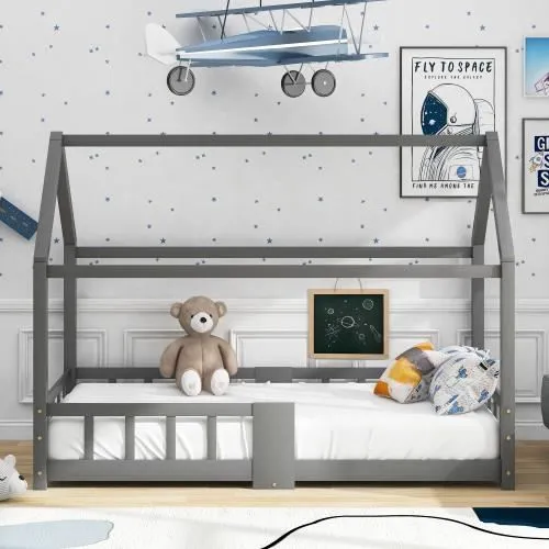 Lit cabane enfant avec barrières - Bois pin massif - Décor Bleu - Sommier inclus avec un tableau - 90 x 200 cm-1