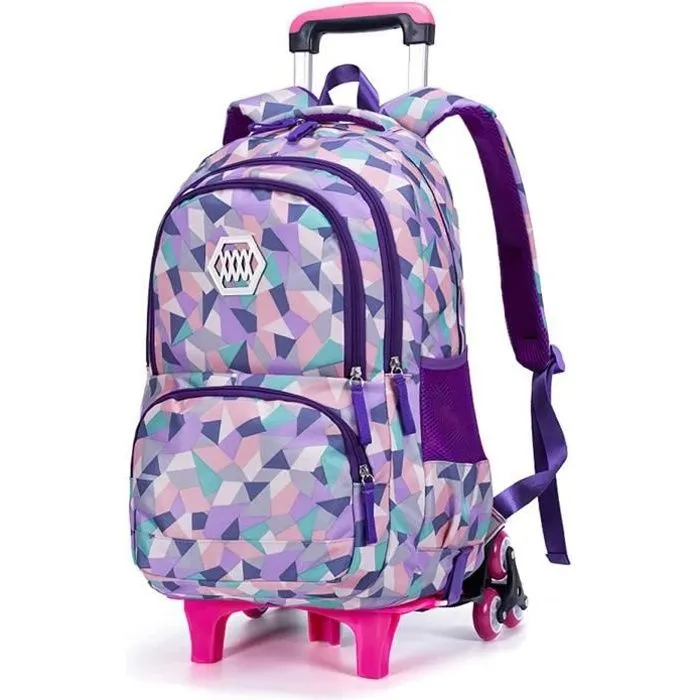Cartable Roulette Sac à Dos avec roulettes Scolaire Sacoche Enfant Fille Garçon Violet 6 Roues 33 * 24 * 48cm-0