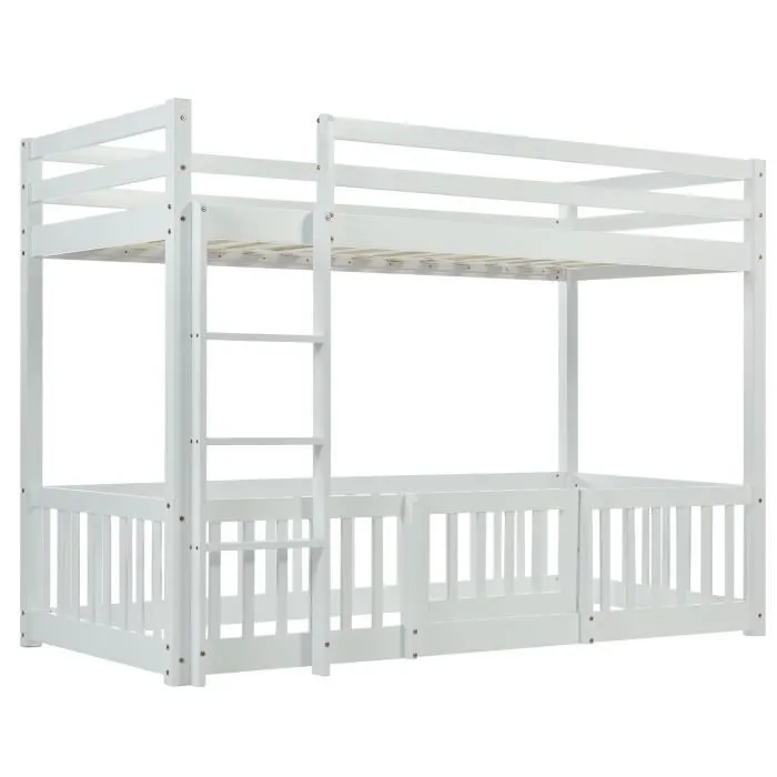 Lit superposé enfant 200 x 90 cm avec escalier, Lit enfant avec barrières et porte en bois massif, Blanc-2