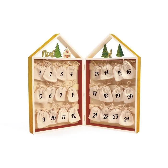 CALENDRIER AVENT BOIS SACHETS TISSUS 240x400x80mm-1