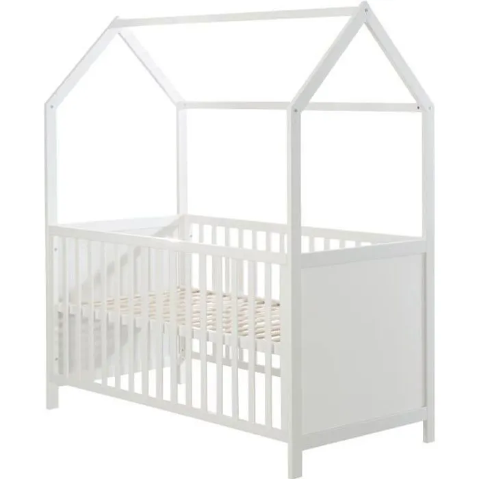 ROBA Lit Cabane Bébé Évolutif 70x140 cm - Convertible en Lit Junior et en Banc - Hauteur Réglable - Bois Laqué Blanc-0