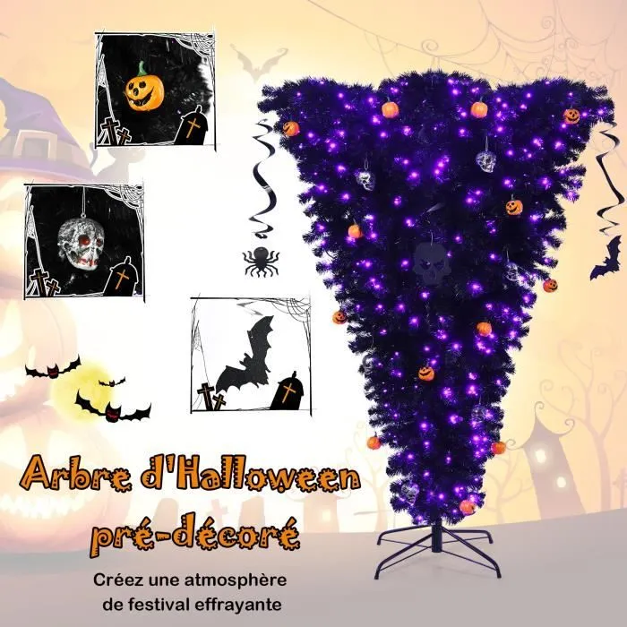 COSTWAY Sapin de Noël Artificiel Noir 180 cm Inversé Arbre d'Halloween avec 270 Lumières LED Violettes Décoré de Citrouilles Crânes-1