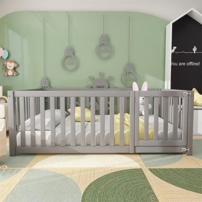 Lit évolutif bébé Lit d'enfant 140 x 200, fond en bois Cadre de lit avec barrière et porte, Gris-2