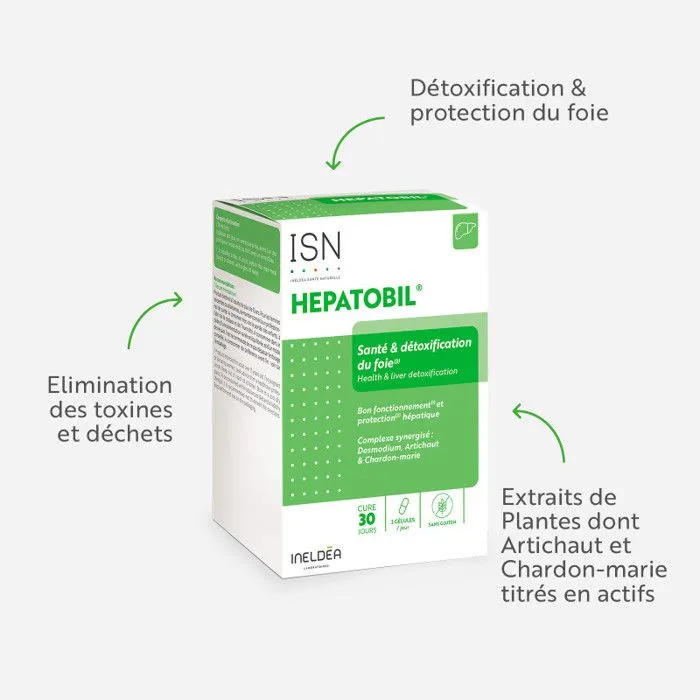 ISN - HEPATOBIL - Santé & Détoxification du foie - Desmodium, Artichaut & Chardon-Marie - Cure 30j-2