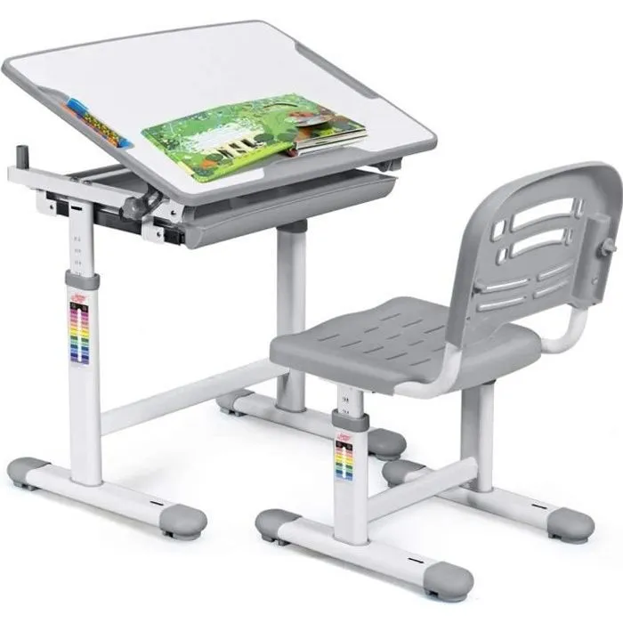 COSTWAY Bureau Enfant Ergonomique Hauteurs et Angle Réglable 0-40° Ensemble Table avec Chaises,Table à Dessin avec 1 Tiroir Gris-0