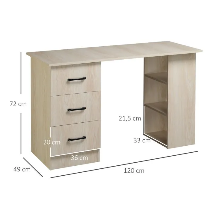 Bureau 120 x 50 cm - HOMCOM - étagères et tiroirs - pour petit espace, bureau à domicile, chambre à coucher - couleur bois-3