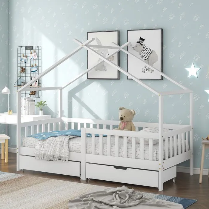 Lit cabane pour enfant - LIBERTÉ - 200x90 cm - Bois massif - 2 tiroirs - Blanc-4