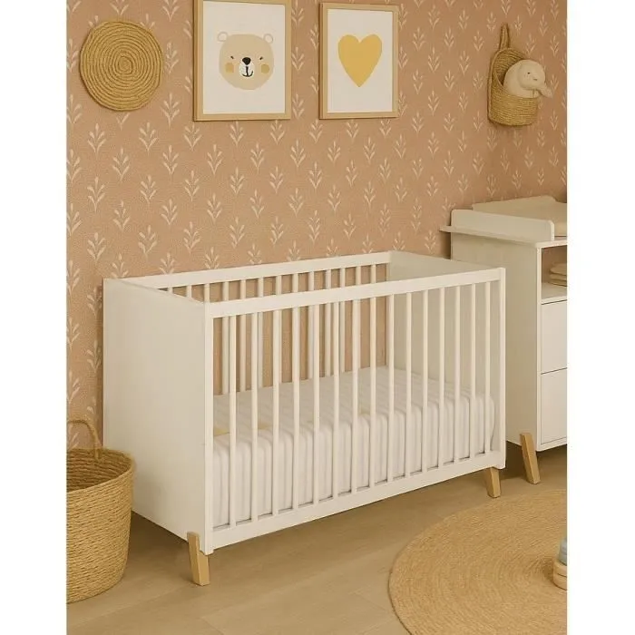 Lit bébé - 120 x 60 cm - Babyprice Joy Naturel - Blanc - Sur pieds en bois naturel-4
