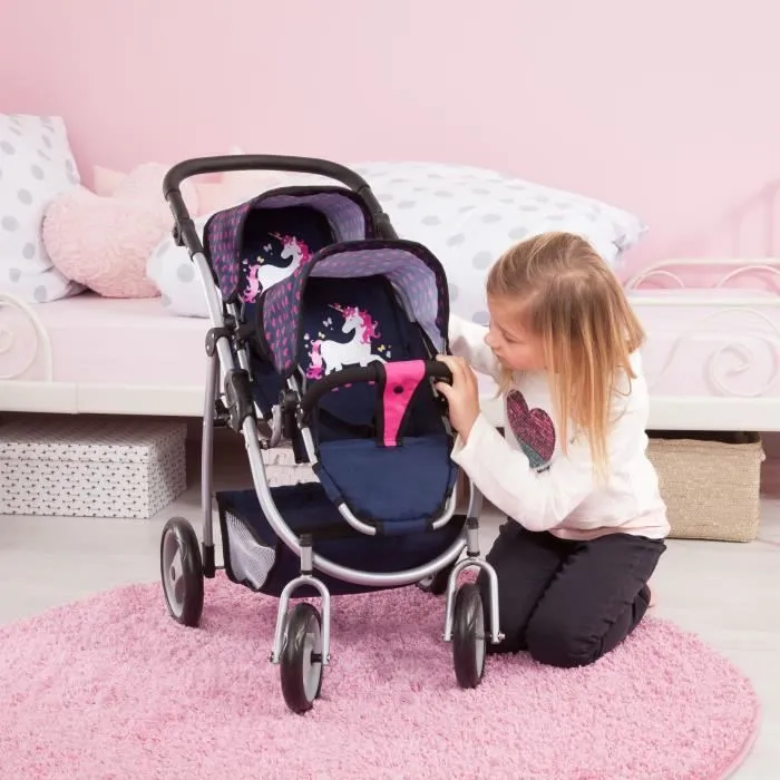 BAYER Poussette jumelle pour poupée licorne bleu et rose vif réglable-4