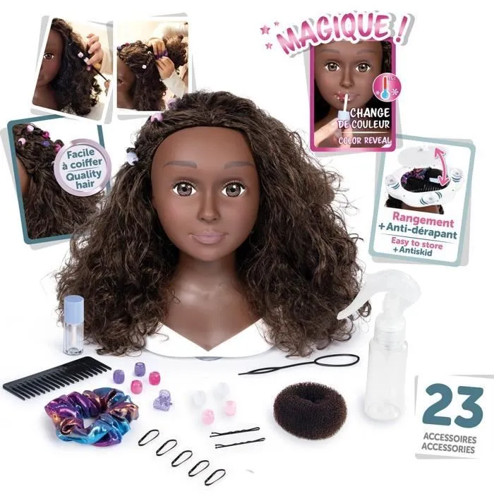 Smoby - Tête à coiffer cheveux afro - Facile à coiffer - 23 accessoires réalistes - Lèvres thermosensibles - Trappe de rangement-0