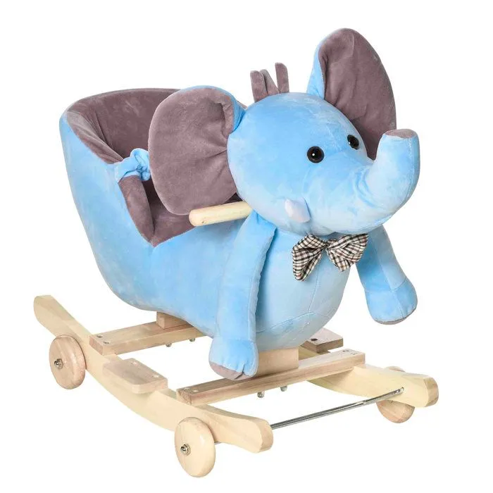 Cheval à Bascule HOMCOM Jouet à Bascule éléphant et Porteur sur roulettes 2 en 1 Fonction Musicale 32 Pistes Ceinture sécurité  Bleu-0
