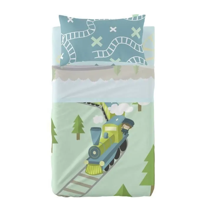 Parure de draps - happynois - Train - 100% coton - 120x180 cm - Lit bébé-1