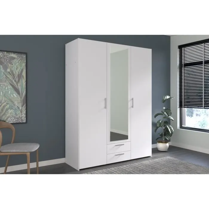 Armoire VARIA - Décor blanc - 3 portes + 2 tiroirs + miroir - L 150 x H 200 x 51 cm-1