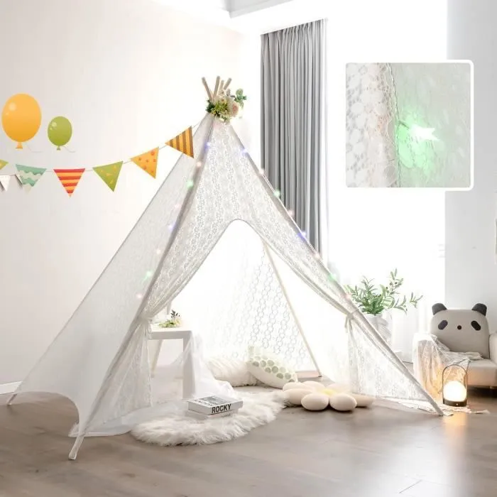 COSTWAY Grande Tipi Tente de Jeu Pour Enfant avec Guirlande de Lumières en Dentelle Romantique de Style Princesse-1