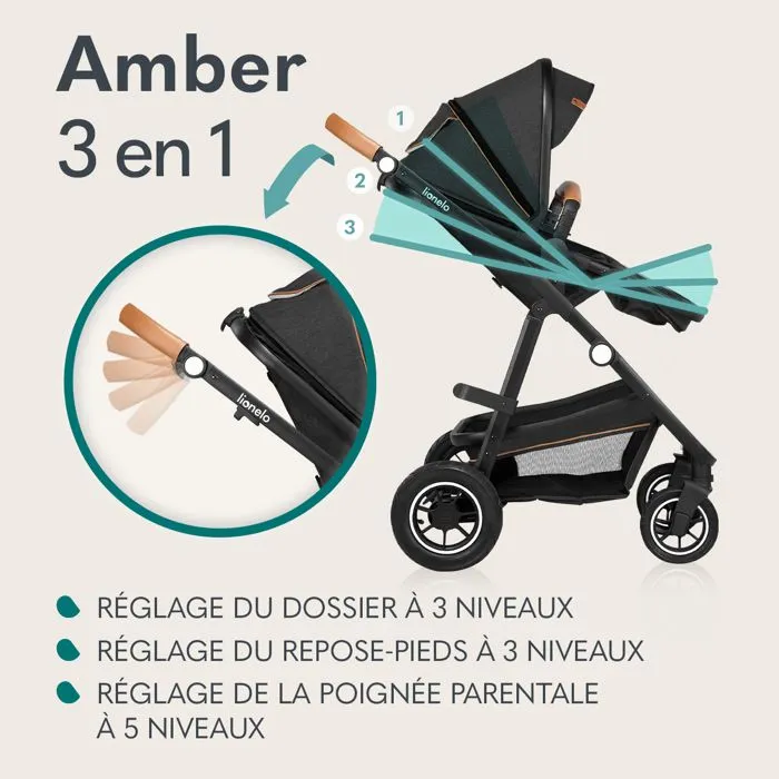 LIONELO Amber - Poussette bébé 3en1 - Jusqu'à 22Kg - Inclu nacelle, cosy, siège auto, sac et accessoires - iSize - Gris foncé-3