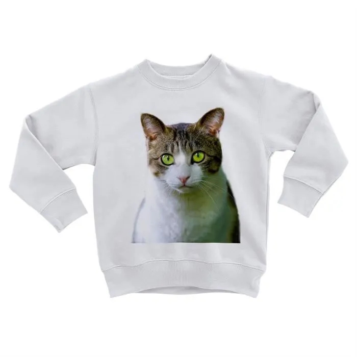 Sweatshirt Enfant Chat Europeen Blanc et Tigre Yeux Verts Mignon-0