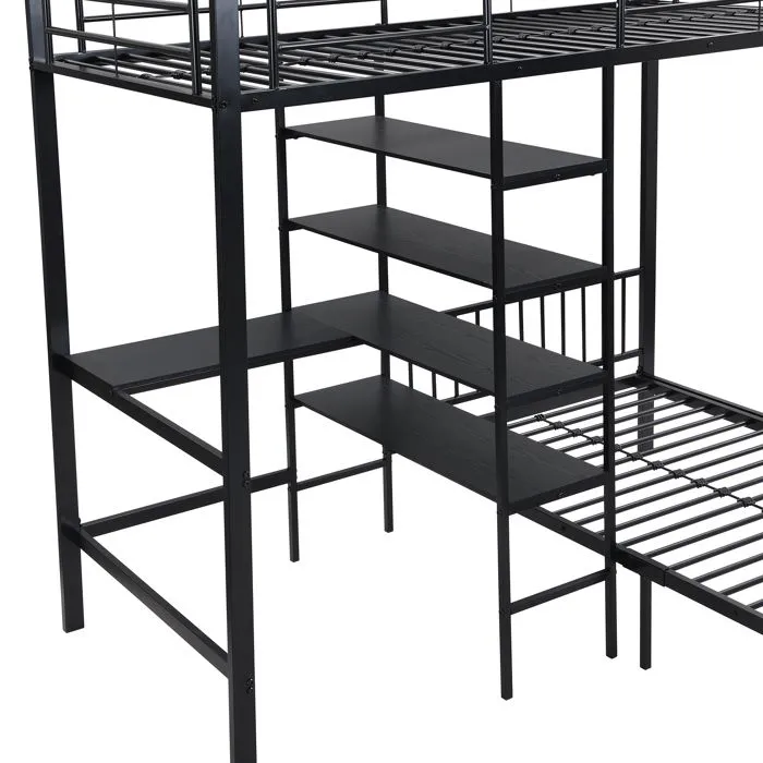Lit superposé 90x200cm - Fer - Noir - Bureau et étagères - Style industriel - 2 places-2