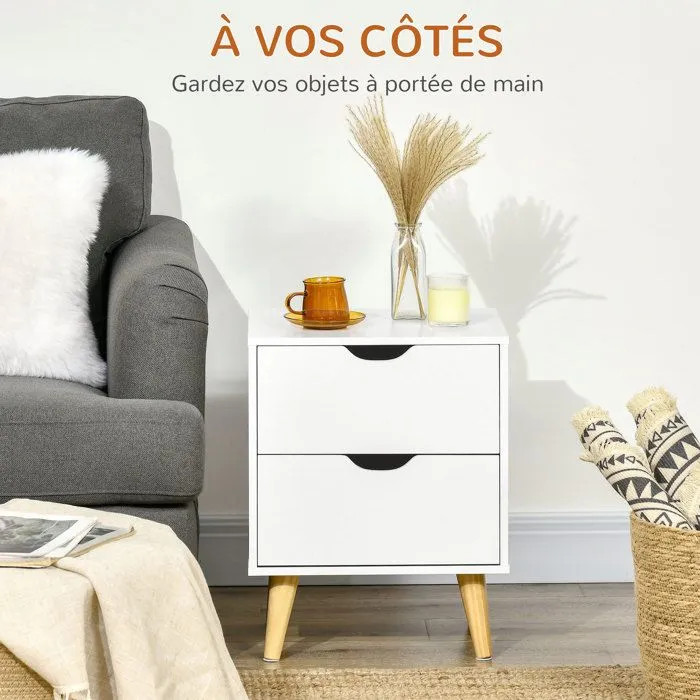 HOMCOM Table de Chevet: Style Scandinave, 2 Tiroirs, Blanc et Bois, 40x35x50,5 cm-2