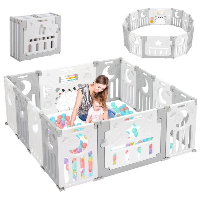Parc Bébé Pliable 14 Panneaux 150×150 cm, Parc bebe modulable plastique, Parc Bebe avec Porte et Panneau d'activité-0