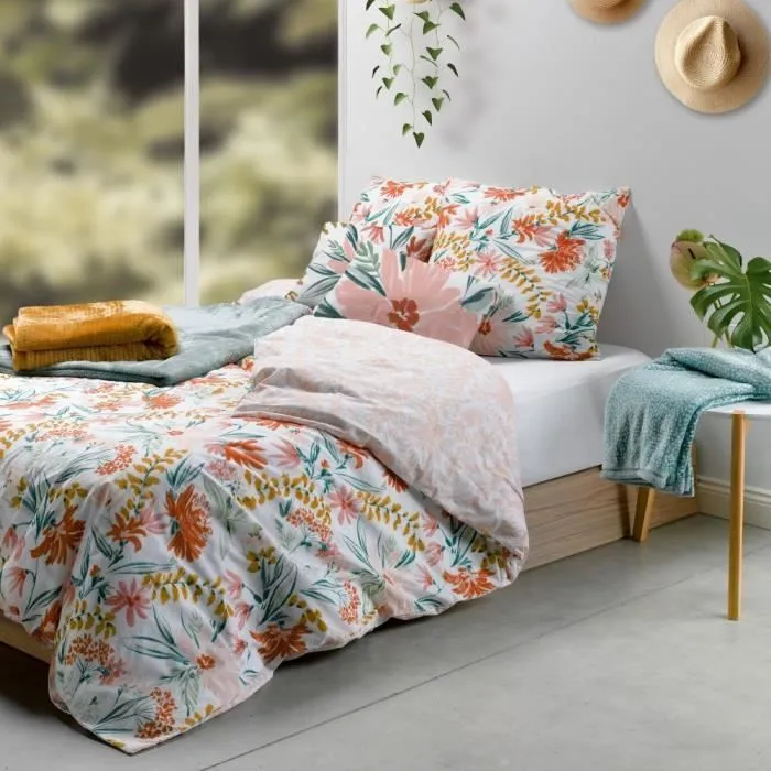 Housse de couette 220x240 cm + taies d'oreiller, coton 57 fils, Marna - Rose - Naturelle - Chambre-0