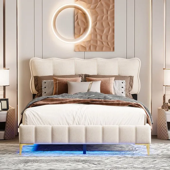 Lit rembourré 140 x 200 cm, avec éclairage LED, style moderne, avec sommier à lattes, beige (sans matelas)-1