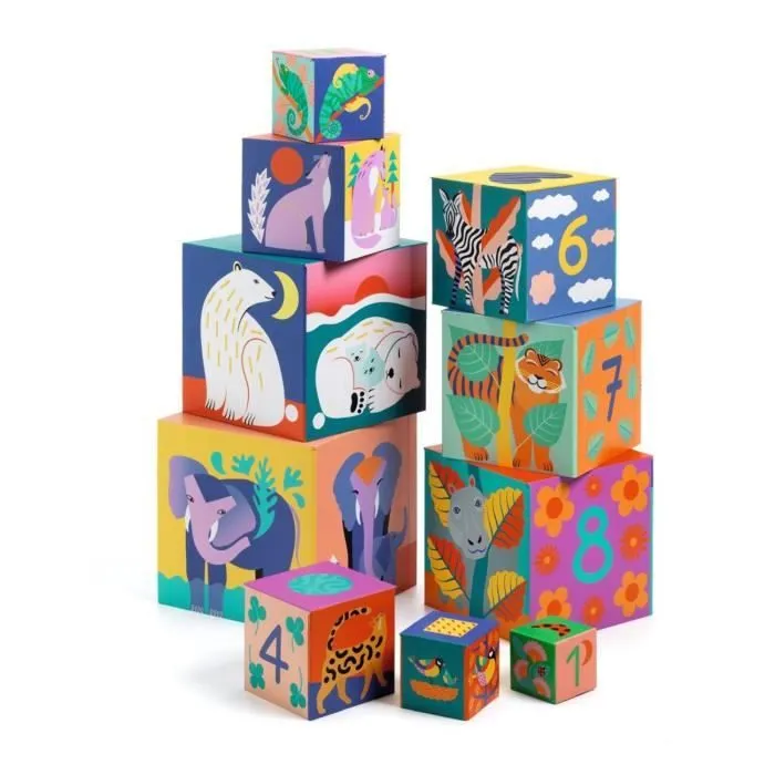 Cubes à empiler Animaux sauvages - DJECO - 10 cubes en carton épais - Mixte - 12 mois+-0