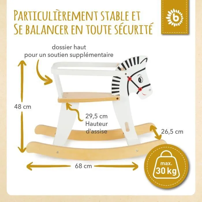 Cheval à Bascule en Bois Zèbre Bieco - Pour Bébé à partir de 1 an - Repose-pieds et Cadre de Sécurité-3