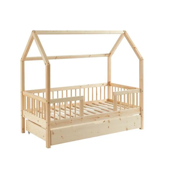 Lit cabane avec barrière et tiroir Safari Beige 70x140 - Laïba Kids-0