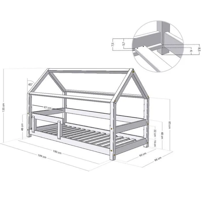 Lit cabane enfant - Benlemi - TERY - Gris - 90 x 190 cm - Montessori-2