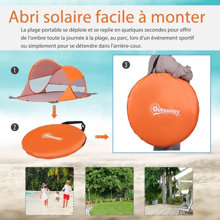 Outsunny - Abri de plage - Tissu de polyester - 200x120x90cm - Orange-5