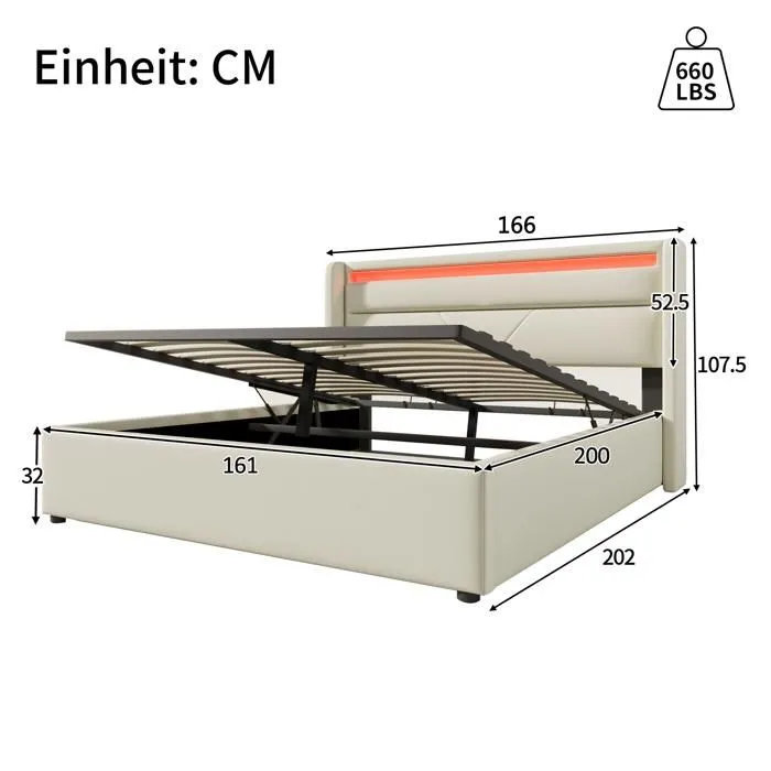Lit adulte 160x200 cm, lit coffre avec LED, sommier à lattes, tissu en PU, blanc-5