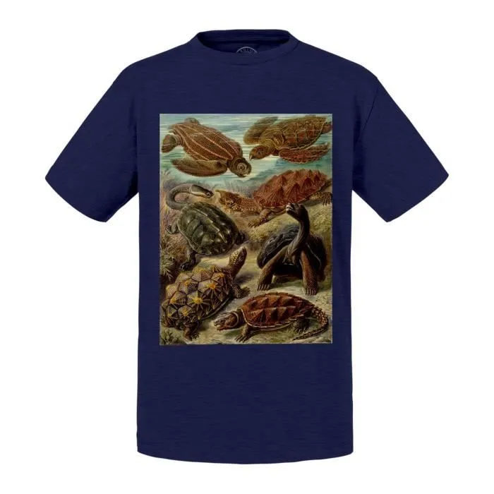 T-shirt Enfant Bleu Planche de Tortue Gravure Ancienne Dessin Biologie-0