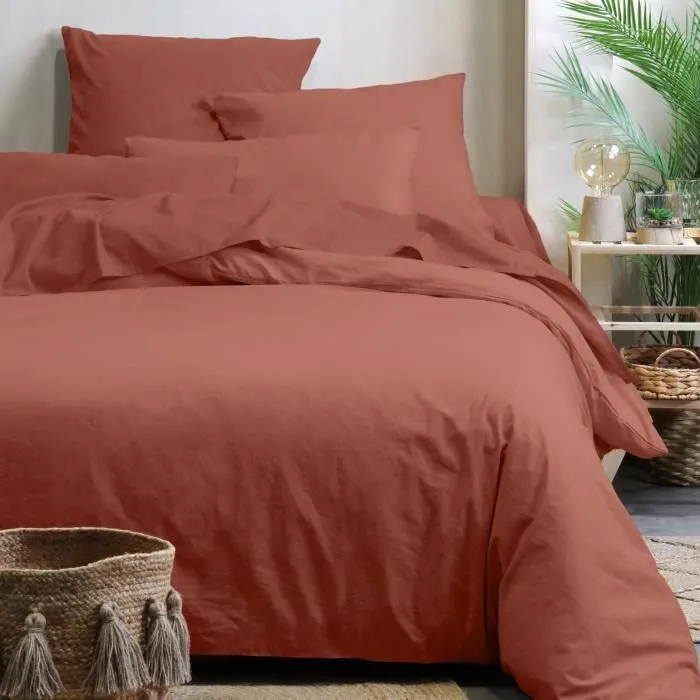 Drap housse uni en coton bio Terracotta 140 x 190 cm-0