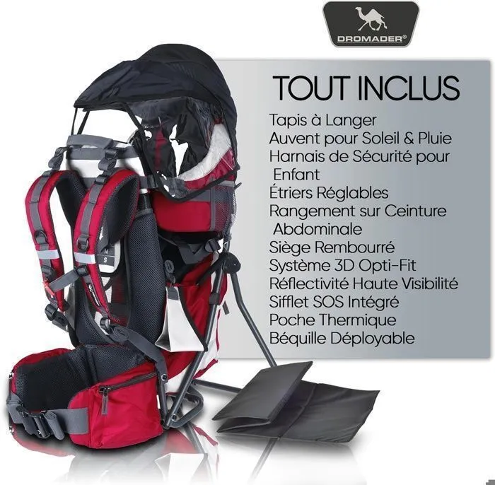 DROMADER Porte Bébé Randonnée - Confortable jusqu'à 22kg - Sac à Dos avec Poche Isolante, Pare-Soleil & Pluie - Rouge-5
