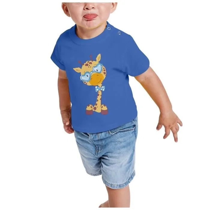 T-shirt Bébé Manche Courte Bleu Girafe Hippie Mignon Dessin Illustration Originale-1