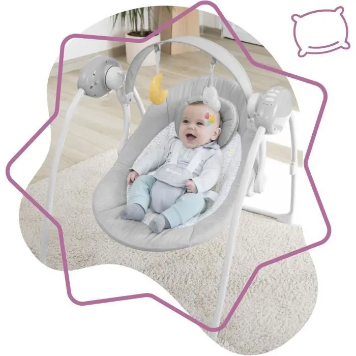 Badabulle Balancelle Electrique Confort - Pliable - Ultra Compact - Arche de jeux amovible, Candy-1