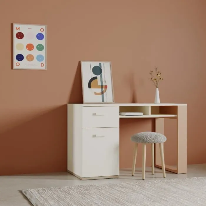 Bureau 1 porte ouvrante, 1 tiroir et 2 niches L120 cm - 120 cm X 59,8 cm X 76,5 cm - CAMILLIA - Terracota / Beige / Chêne-1