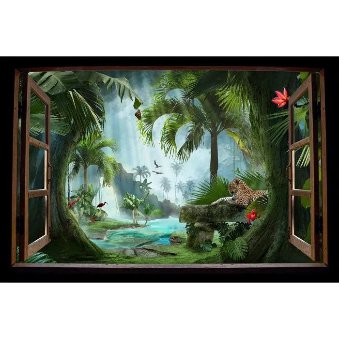 Stickers Trompe l'oeil fenêtre en bois Enfants - Forêt tropicale 3617681139621 - Hauteur 90 x Largeur 135 cm-1